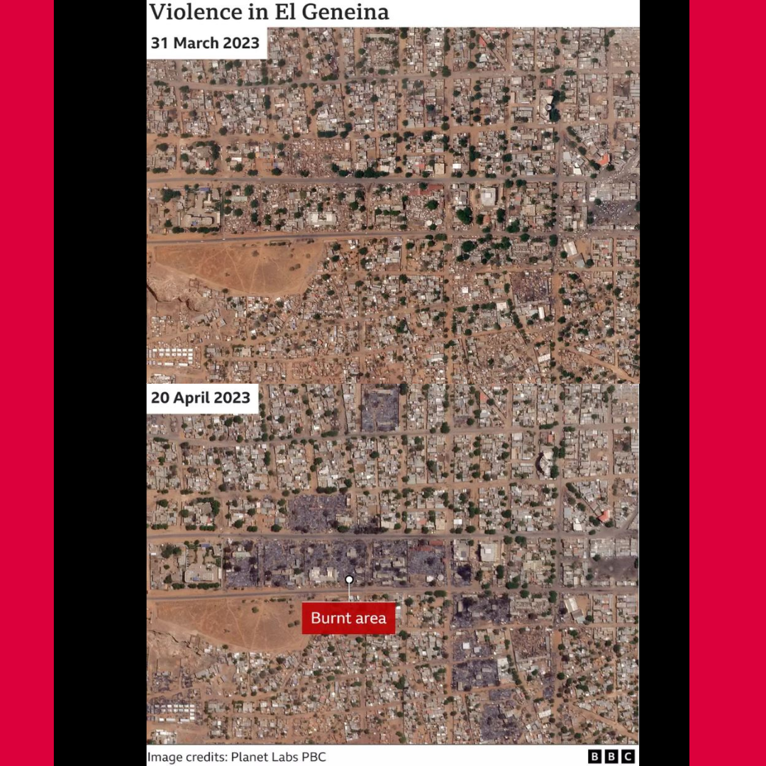 Map of South Sudan cities burning, March 2023 above, April 2023 below